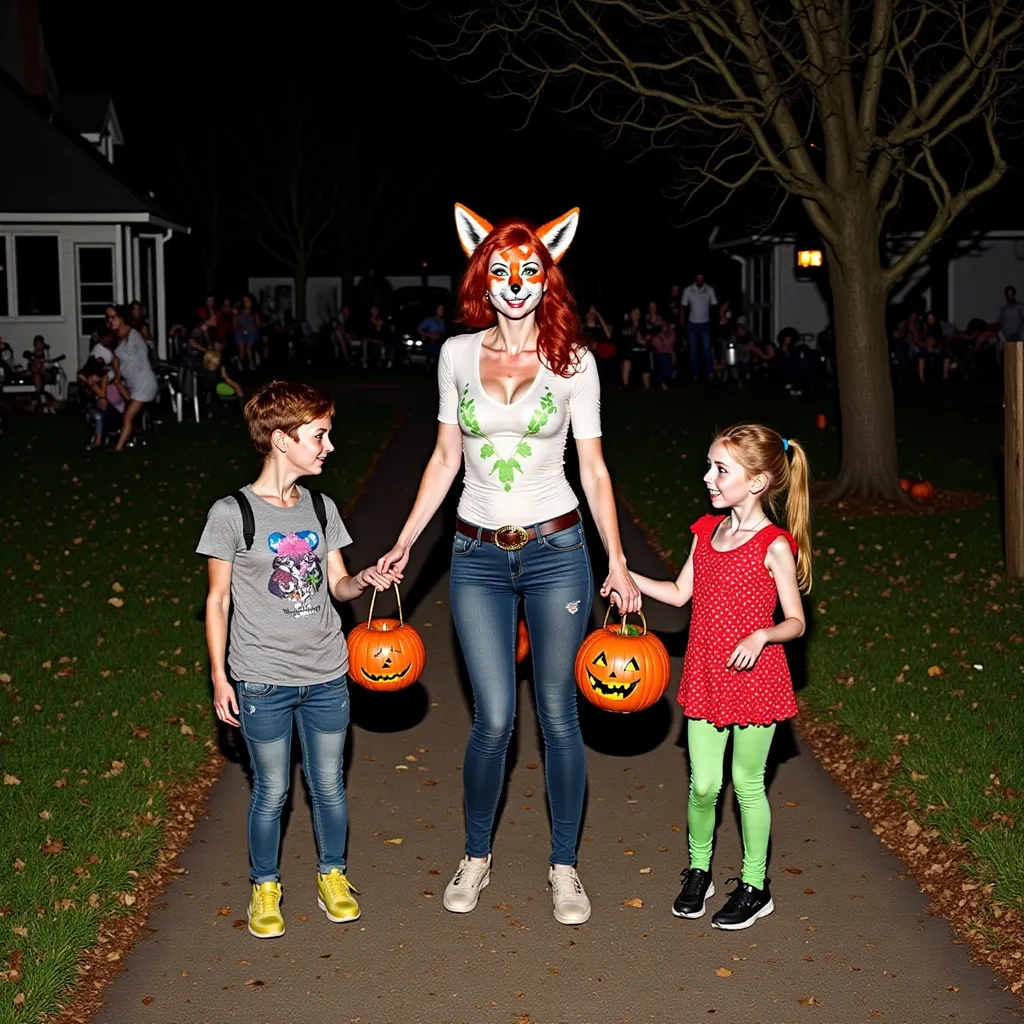 Prompt: Red Foxy on Halloween night trick or treating with neighborhood kids