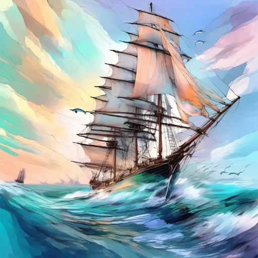 Prompt: oil painting, natural color scheme, (three masted sailing ship body made out of glass), (traveling swiftly) on a (realistic ocean), (sails full of wind), (dolphins breaching) in front of the bow, serene atmosphere, nature-inspired, fluid and dynamic scene, delicate brush strokes, soft light filtering through, emphasizing tranquility and adventure, ultra-detailed, high-definition.