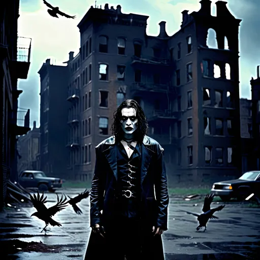 Prompt: (misc-macabre style), dark color scheme, (The Crow) movie character, haunting atmosphere, somber lighting, intricate details, dramatic shadows, urban background, mysterious mood, deep blues, stark blacks, intense contrasts, surreal elements, gothic aesthetics, ultra-detailed, cinematic quality, evoking feelings of melancholy and intrigue.