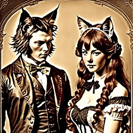 Prompt: <mymodel>couple with cat ears in vintage lithograph style, 1800's advertisement tools, matching cat ears to hair color, extremely detailed, vintage lithograph, black and white, detailed hair, intricate clothing, antique paper texture, high quality, vintage, detailed cat ears, historical, sepia lighting