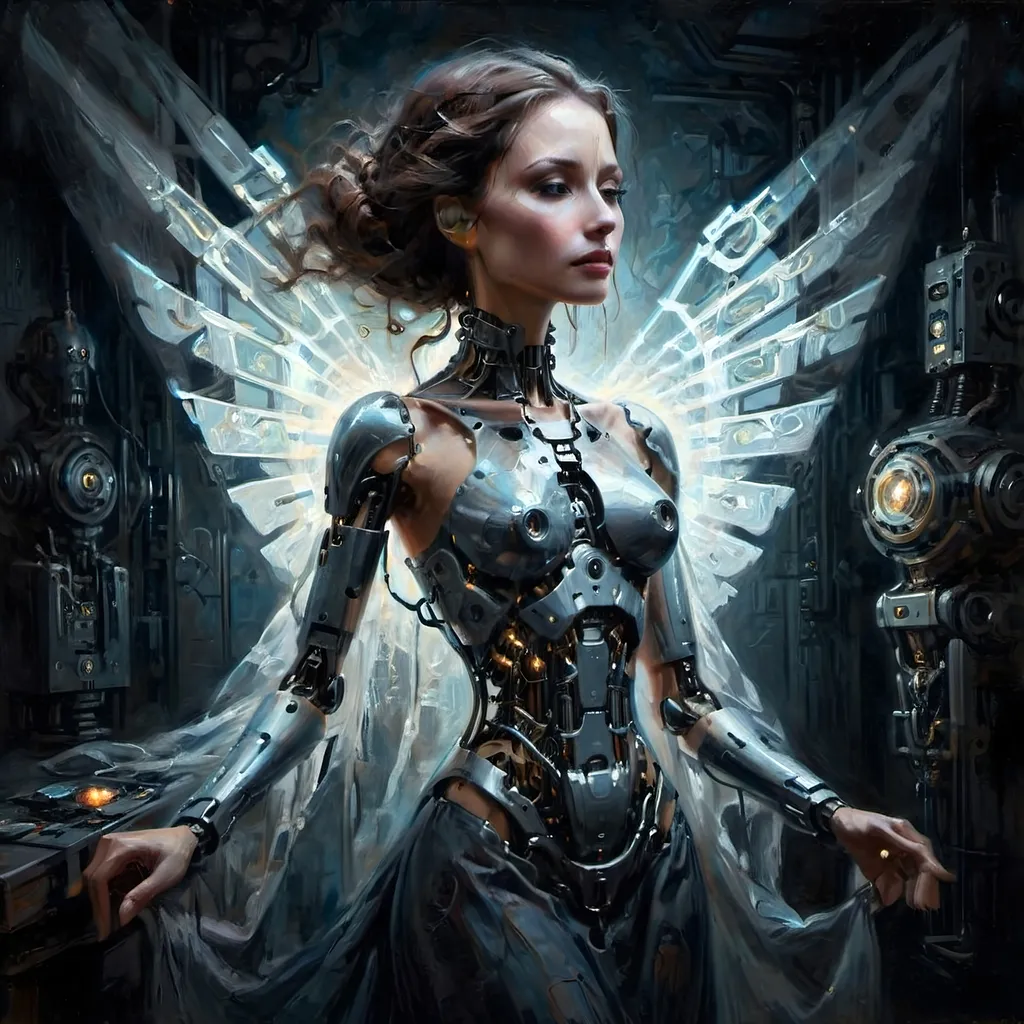 Prompt: (Robotic Cybernetic Woman), surrealism style, dark color scheme, gossamer dress, dramatic lighting with glow effect, radiant light behind her illuminating silhouette, intricate mechanical details, dreamlike atmosphere, crisp contrasts, high depth, ultra-detailed, mysterious and captivating vibe, ethereal presence, hauntingly beautiful, evocative imagery, enchanting subtleties in fabric texture, unsettling yet mesmerizing composition.