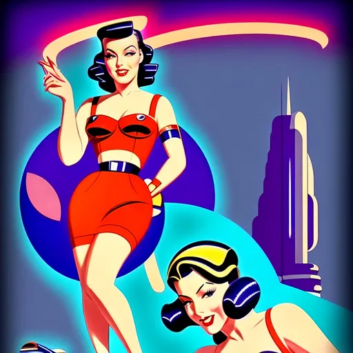 Prompt: futuristic-retro futurism style, (1940s pin-up women), vibrant warm color scheme, soft luminous lighting, nostalgic ambiance, elegant poses with playful expressions, vintage accessories, stylish hairdos, dreamy background blending futuristic elements with retro design, high detail and sharp focus, cinematic depth, the celebration of beauty throughout eras.