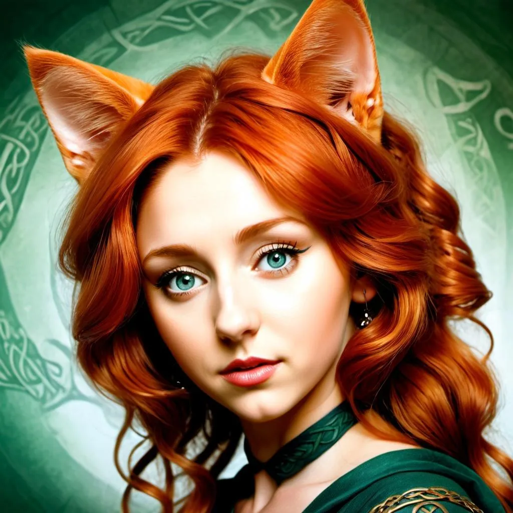 Prompt: 48  year old Celtic woman with delicate cat ears, detailed Celtic Background, Colored  ink Drawing image, detailed anatomy, red haired, lips parted, detailed anatomy, natural lighting, highres, intense gaze, detailed eyes, realistic lighting skin texture, professional, dramatic lighting, detailed hair, warm tones, anime, <mymodel>