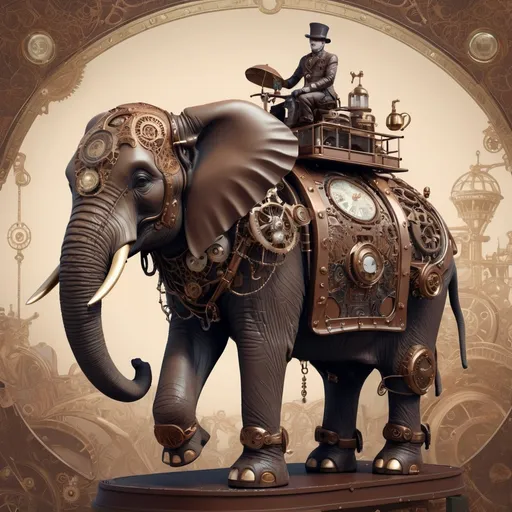 Prompt: Steampunk chocolate elephant with rider, (artstyle: steampunk), (color palette: dark colors), intricate mechanical designs, whimsical elements, vintage yet futuristic vibes, playful ambiance, detailed textures and patterns on the elephant's skin, subtle metallic features blending with creamy chocolate tones, dreamy and imaginative background to enhance the playful theme, (highly detailed), (4K resolution).