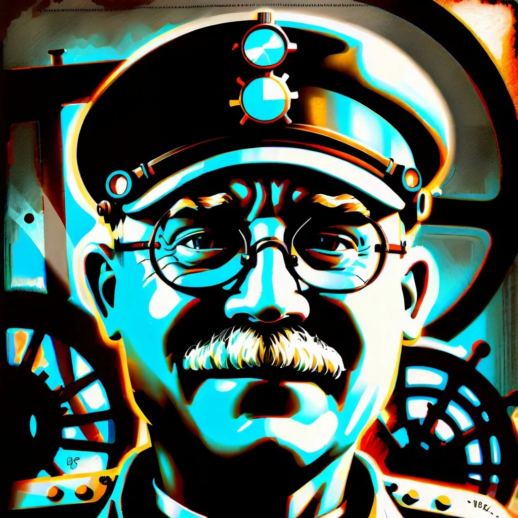 Prompt: (Humorous portrait), steampunk style, caricature drawing, black and white scheme, detailed facial features, expressive eyes, exaggerated pleasant smile, vintage military attire, quirky accessories, Iron gears and machinery in the background, cozy ambiance, ultra-detailed, engaging composition that blends humor and artistry, creating a captivating visual narrative.