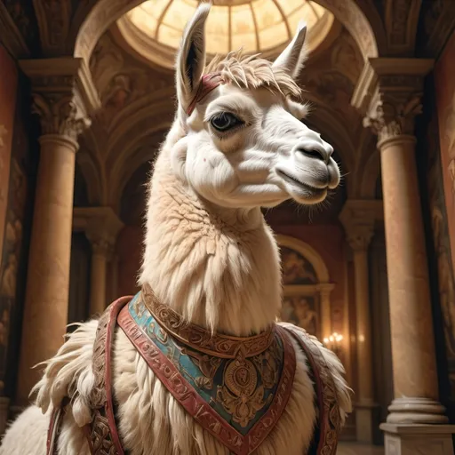 Prompt: (anthropomorphic llama, hugely muscled, heroic pose), (Renaissance art style), warm color palette, rich textures, detailed anatomy, dramatic lighting, heroic atmosphere, uplifting mood, intricate background featuring classical architecture, soft brush strokes, vivid depictions of strength and valor, highly detailed, 4K quality, evocative and timeless composition