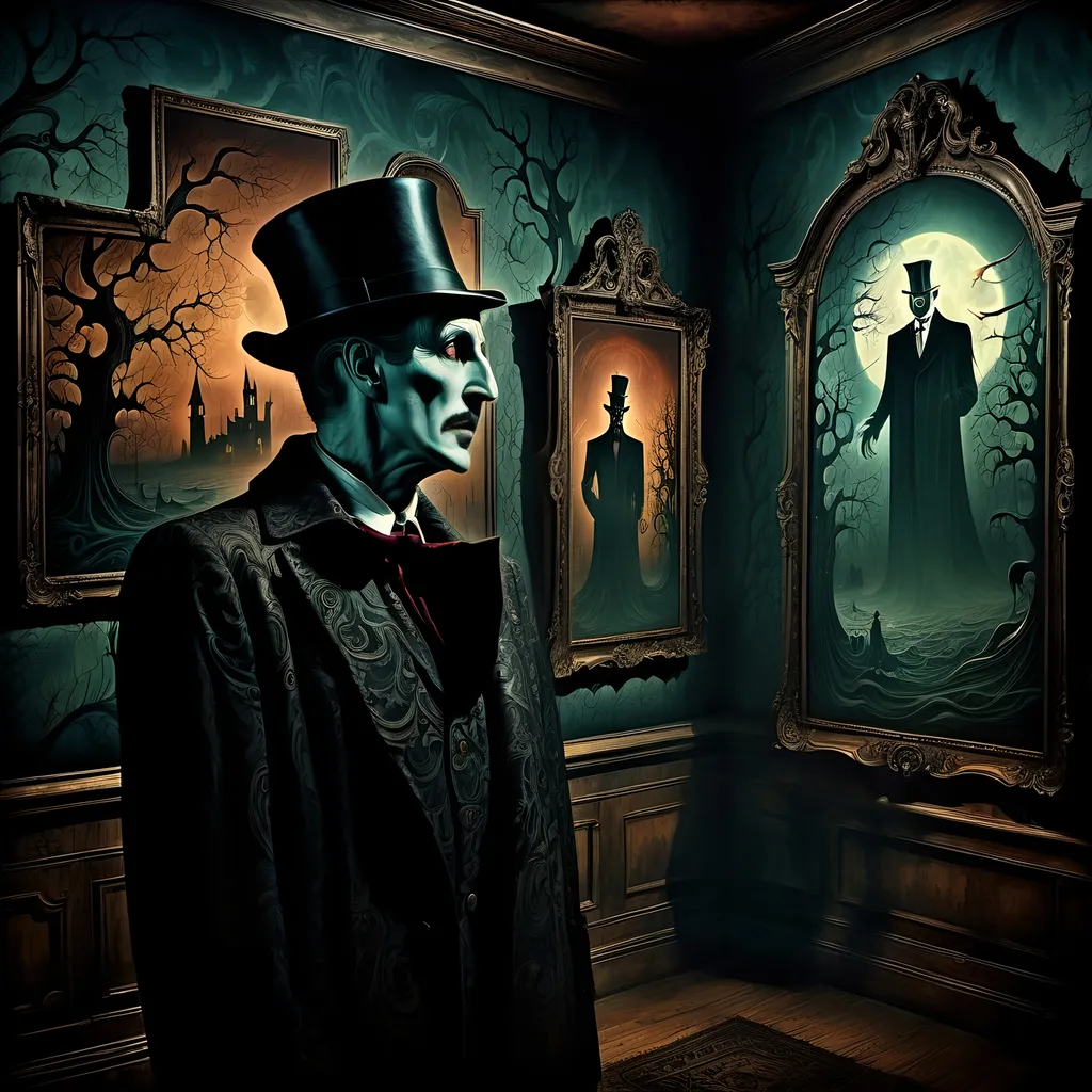 Prompt: (surrealism style image), (dark color scheme), a hauntingly dramatic scene inspired by Vincent Price on the back wall, moody lighting, high detail, captivating atmosphere, (HD), a blend of the mystical and the macabre.