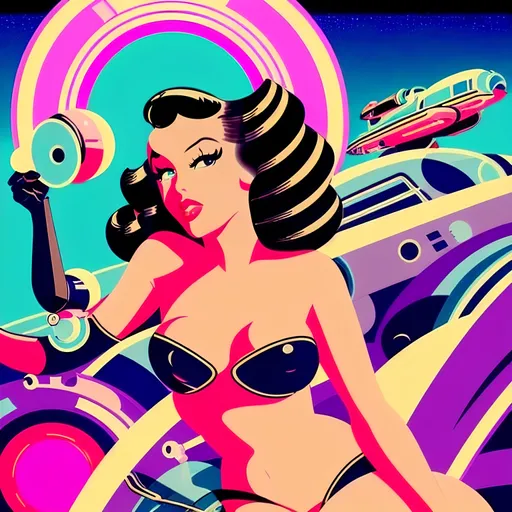 Prompt: futuristic-retro futurism style, (1940s pin-up women), vibrant warm color scheme, soft luminous lighting, nostalgic ambiance, elegant poses with playful expressions, vintage accessories, stylish hairdos, dreamy background blending futuristic elements with retro design, high detail and sharp focus, cinematic depth, the celebration of beauty throughout eras.