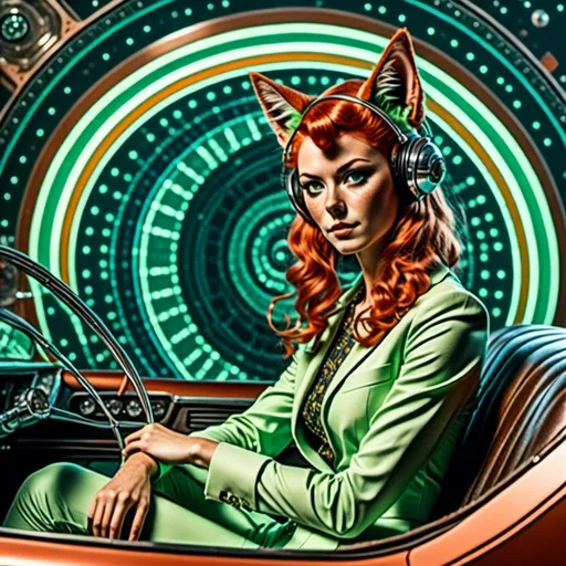 Prompt: <mymodel> Full body view of Man with cat ears in 1960's  futuristic Automobile, Advertisement for a space ship, matching cat ears to hair color, extremely detailed, intricate clothing, high quality, intricate, futuristic-retro futurism, historical, detailed hair, detailed spaceship in background