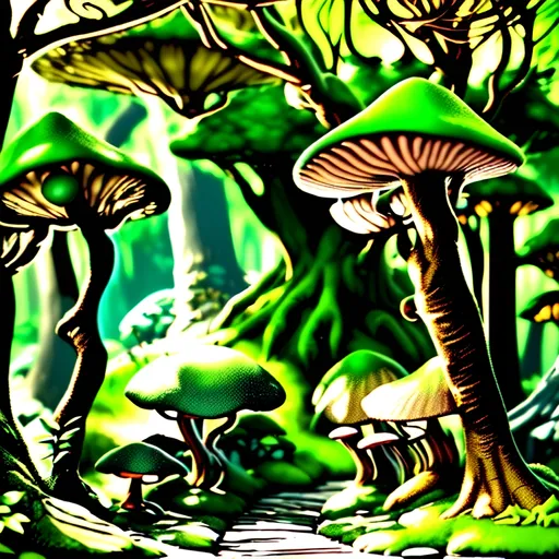 Prompt: (photorealistic style),Elf woman in lush Hyrule, vibrant warm colors, enchanting atmosphere, sunlight filtering through dense foliage, soft glowing mushrooms, serene winding path, magical fauna, mystical creatures peeking from behind trees, deep green foliage with golden highlights, ultra-detailed, immersive landscape, tranquil ambiance, adventurous spirit, ideal for storytelling backgrounds.