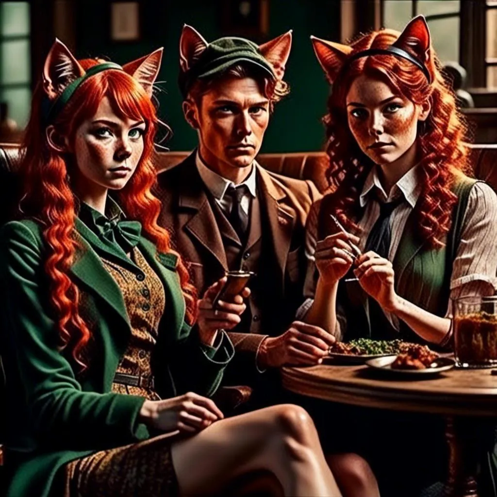 Prompt: <mymodel>Faded colors Old WWI Style Commercial smoking with with friends, detailed human facial anatomy, Cat ears Match Hair Color,  detailed background, faded colors, highres, professional
