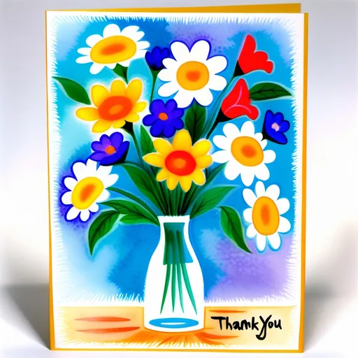 Prompt: Water color wet to dry pastel painting of a small bouquet of flowers and attached to the painting is is a card that clearly spells "Thank You"
