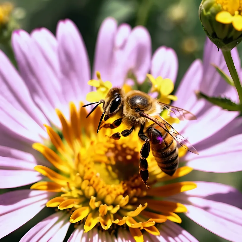 Prompt: (Close up Honey bee walking on a flower all six legs visible),  intricate wing details, nature, summer vibes, high-definition, ultra-detailed,  crisp focus, 4K.