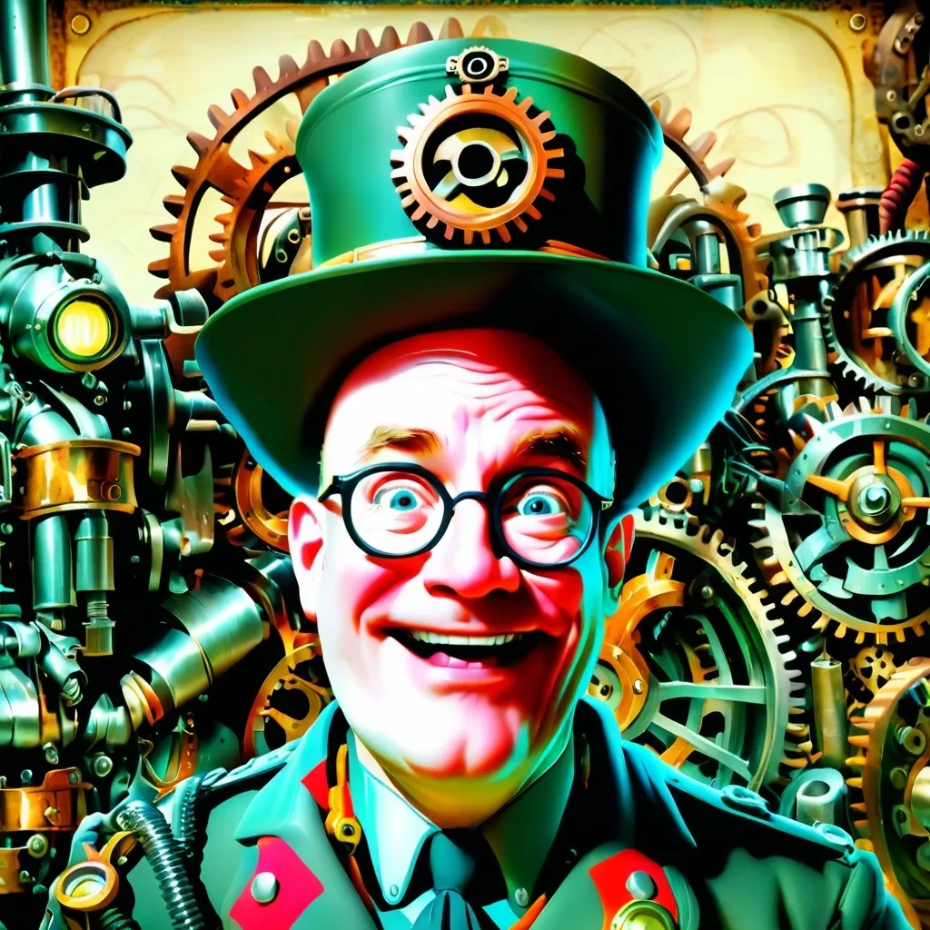 Prompt: (Humorous portrait), steampunk style, caricature drawing, pencil color  scheme, detailed facial features, expressive eyes, exaggerated pleasant smile, vintage military attire, quirky accessories, Iron gears and machinery in the background, cozy ambiance, ultra-detailed, engaging composition that blends humor and artistry, creating a captivating visual narrative.