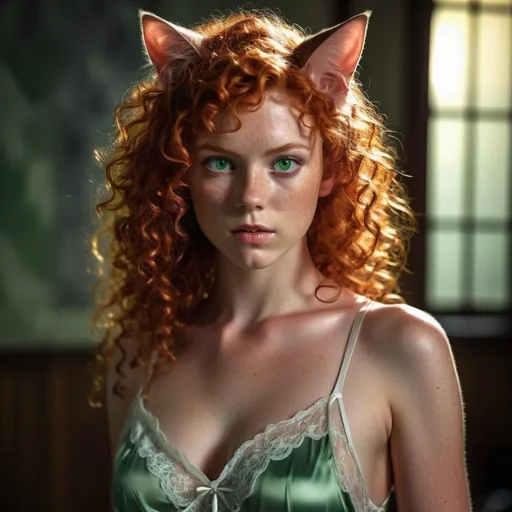 Prompt: full bodied woman, detailed curly red haired, wearing a sheer nightie, realistic pose, cat eared head, well endowed, glistening with sweat, natural lighting, highres, eager intense gaze, green detailed eyes, professional, dramatic lighting, dark tones, anime pose, <mymodel>