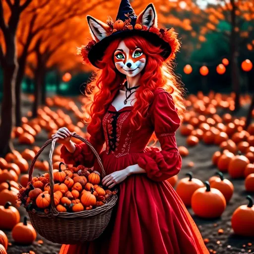 Prompt: <mymodel>(mymodel) Red Foxy Dressed as a Witch, anime style, (pastel color scheme), enchanting scene, whimsical atmosphere, offering a giant basket of candy corns and candy corn pumpkins, joyful children excitedly reaching for treats, magical twilight background, soft lighting, dreamy vibe, ultra-detailed, vibrant candy colors, full of charm and delight.