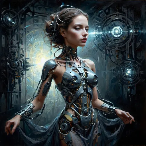 Prompt: (Robotic Cybernetic Woman), surrealism style, dark color scheme, gossamer dress, dramatic lighting with glow effect, radiant light behind her illuminating silhouette, intricate mechanical details, dreamlike atmosphere, crisp contrasts, high depth, ultra-detailed, mysterious and captivating vibe, ethereal presence, hauntingly beautiful, evocative imagery, enchanting subtleties in fabric texture, unsettling yet mesmerizing composition.