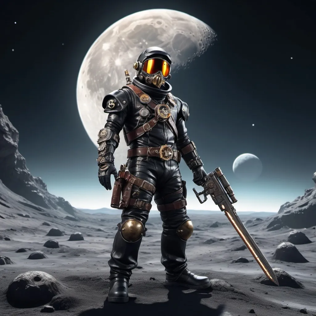 Prompt: Space Pirate in Black space suite  on Moon wielding a sword and steampunk flintlock pistol.