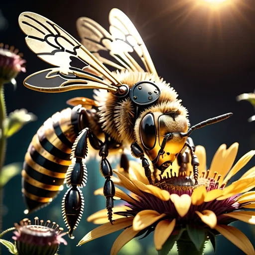 Prompt: Close up (Steampunk Honey bee sipping nectar on a flower, all six legs visible), dark steampunk artstyle,  HD, 4K, crisp focus, atmospheric, intricate floral background with steampunk elements, metallic textures, gears and cogs intertwined with nature, soft sunlight filtering through, cinematic lighting, dramatic shadows, immersive and captivating scene.