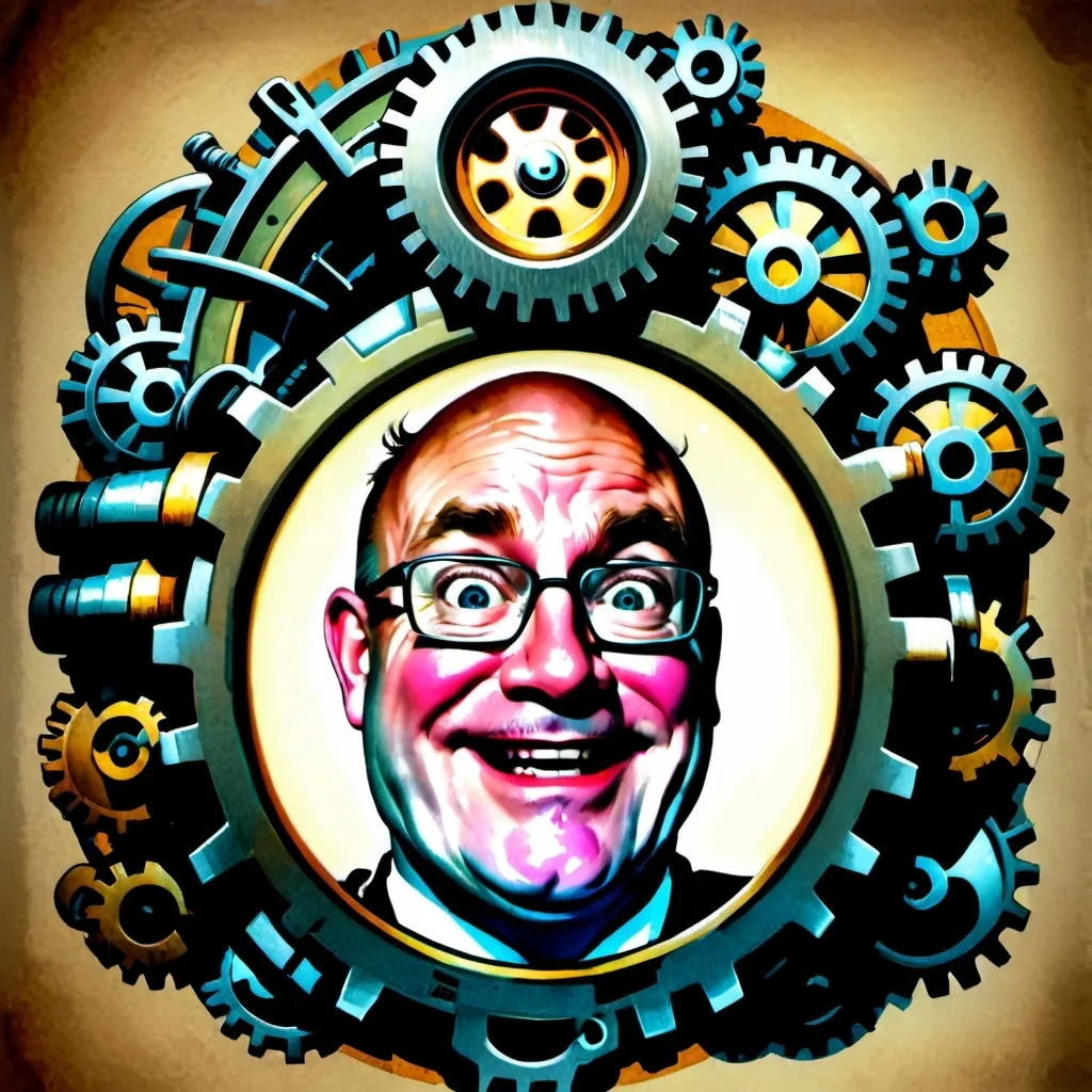 Prompt: (Humorous portrait), steampunk style, caricature drawing, pencil color  scheme, detailed facial features, expressive eyes, exaggerated pleasant smile, vintage military attire, quirky accessories, Iron gears and machinery in the background, cozy ambiance, ultra-detailed, engaging composition that blends humor and artistry, creating a captivating visual narrative.