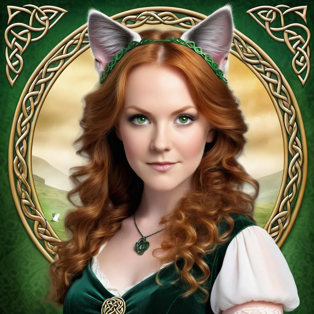 Prompt: 40 year old Celtic woman with delicate cat ears, detailed Celtic Background