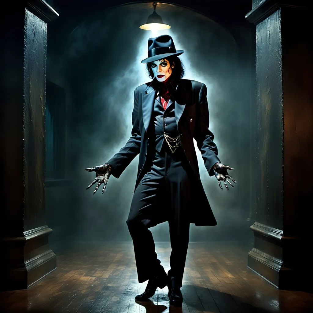 Prompt: (surrealism style image), (dark color scheme), a hauntingly dramatic scene inspired by Michael Jackson's Thriller, featuring an eerie ambiance with surreal elements, dynamic poses, featuring clearly visible portrait of Vincent Price, moody lighting, high detail, captivating atmosphere, (HD), a blend of the mystical and the macabre.