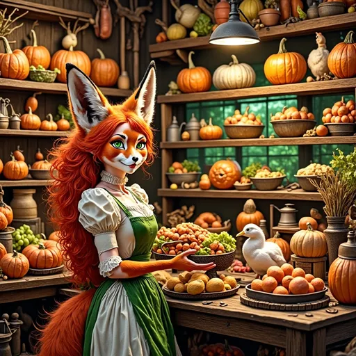 Prompt: (fantasy style), (baroque style), woman shopping at a lavish store, surrounded by colorful Thanksgiving food, delicate pastel color scheme, intricate details, ornate decorations, whimsical ambiance, cozy atmosphere, soft lighting, high-quality and ultra-detailed, fantasy-inspired display of goose and seasonal produce, warm and inviting scene capturing the spirit of Thanksgiving.