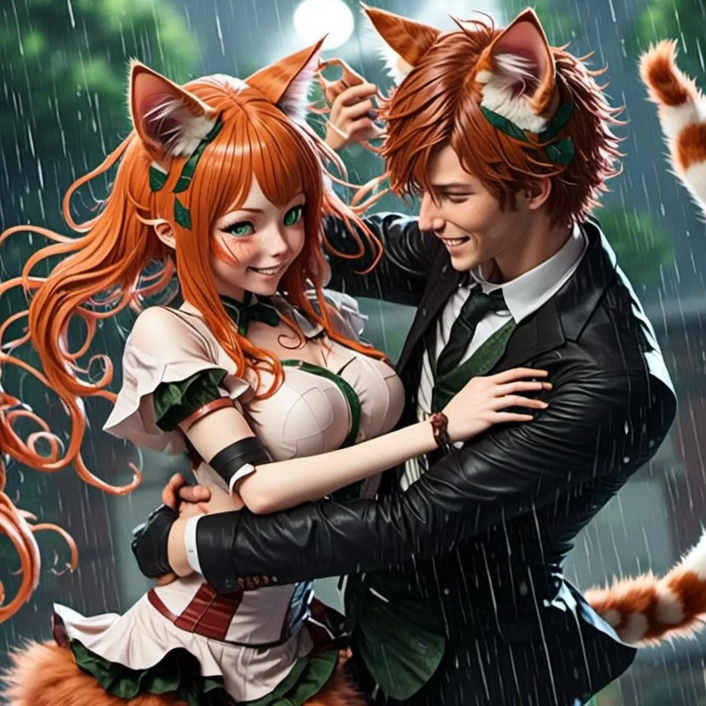 Prompt: <mymodel>4 couples dancing in the rain, detailed skin texture, cat ears matching hair color, detailed eyes, professional, highres