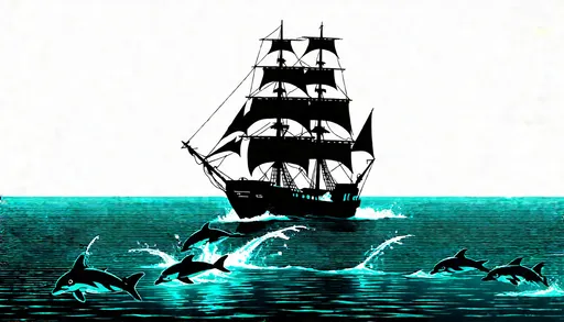 Prompt: (retro-futurism), (three masted sailing ship clear body), (traveling swiftly) across a (realistic ocean), (sails full of wind), (dolphins breaching playfully) in front of the ship's bow, serene and tranquil atmosphere, (cool color scheme with shades of blue and teal), crystal clear water, vibrant reflections, ultra-detailed, cinematic lighting, creating a dreamlike scene that captivates the viewer.