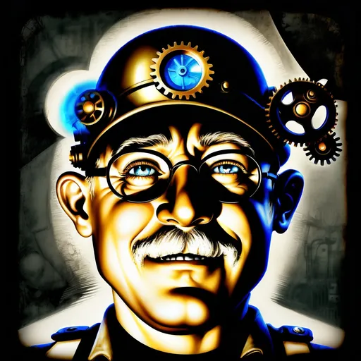 Prompt: (Humorous portrait), steampunk style, caricature drawing, black and white scheme, detailed facial features, expressive eyes, exaggerated pleasant smile, vintage military attire, quirky accessories, Iron gears and machinery in the background, cozy ambiance, ultra-detailed, engaging composition that blends humor and artistry, creating a captivating visual narrative.