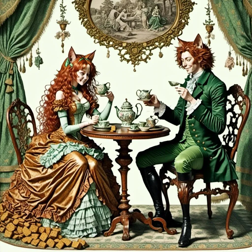 Prompt: <mymodel>1600's couple in eating tea crackers, Advertisement, lithograph, extremely detailed