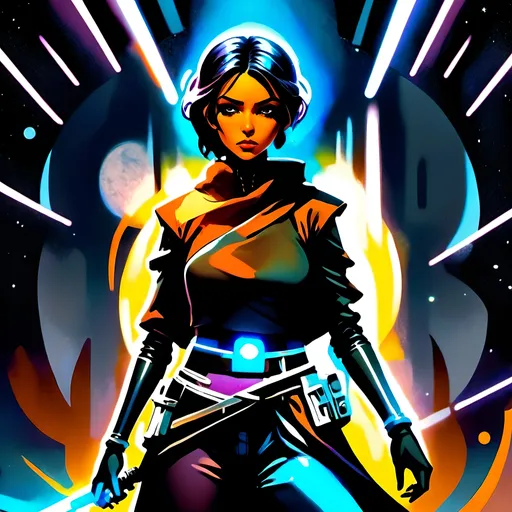 Prompt: anime style, (dark color scheme), outlaw characters from Star Wars, unique poses, rebellious vibes, high-contrast shadows, moody atmosphere, intricate details in character design, dynamic expressions, depth in lighting, (vibrant highlights), ultra-detailed artwork, dramatic ambiance, sci-fi elements, thematic background reflecting a galactic setting.