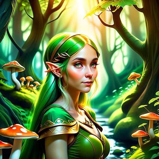 Prompt: (photorealistic style),Elf woman in lush Hyrule, vibrant warm colors, enchanting atmosphere, sunlight filtering through dense foliage, soft glowing mushrooms, serene winding path, magical fauna, mystical creatures peeking from behind trees, deep green foliage with golden highlights, ultra-detailed, immersive landscape, tranquil ambiance, adventurous spirit, ideal for storytelling backgrounds.