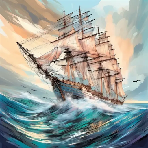 Prompt: oil painting, natural color scheme, (three masted sailing ship body made out of glass), (traveling swiftly) on a (realistic ocean), (sails full of wind), (dolphins breaching) in front of the bow, serene atmosphere, nature-inspired, fluid and dynamic scene, delicate brush strokes, soft light filtering through, emphasizing tranquility and adventure, ultra-detailed, high-definition.