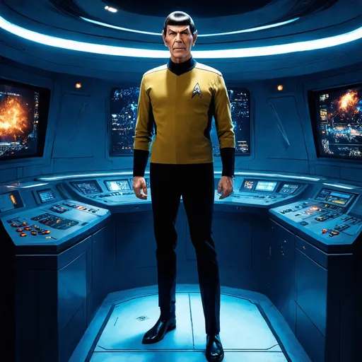 Prompt: (futuristic sci-fi scene), Spock in striking blue and black attire, detailed facial features, Kirk in vibrant yellow and black uniform, standing confidently, (high-tech Bridge of the Enterprise) with glowing controls, luminous screens, atmospheric lighting, sleek design, dynamic expressions, (ultra-detailed) background, emotion of adventure, (vibrant color scheme), visually immersive and fantastical elements, high energy ambiance.