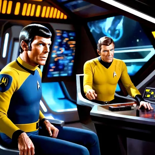 Prompt: (futuristic sci-fi scene), left Spock in striking blue and black attire, detailed facial features, center Kirk in vibrant yellow and black uniform, sitting in captains chair confidently, right Doctor McCoy (high-tech Bridge of the Enterprise) with glowing controls, luminous screens, atmospheric lighting, sleek design, dynamic expressions, (ultra-detailed) background, emotion of adventure, (vibrant color scheme), visually immersive and fantastical elements, high energy ambiance.