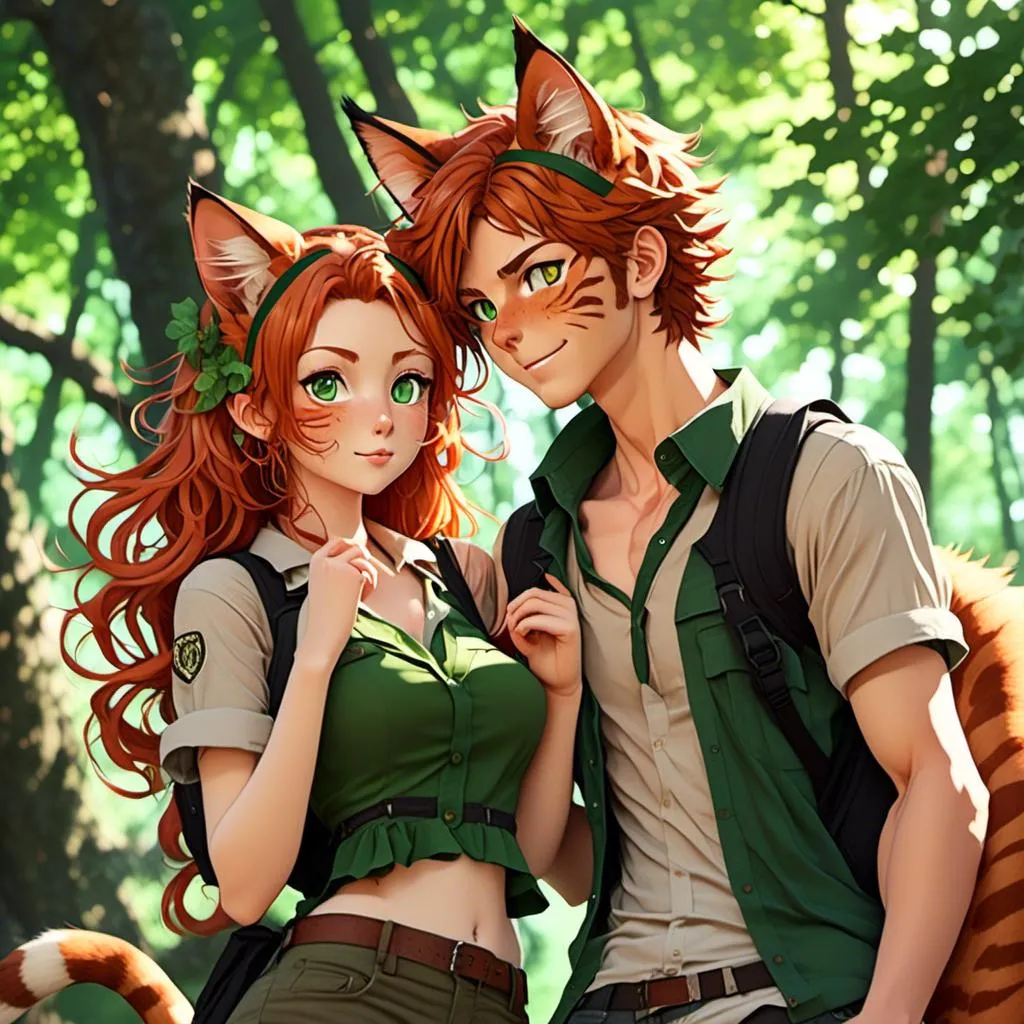 Prompt: <mymodel>Highly Detailed, couple backpacking in the woods, detailed skin texture, cat ears matching hair color, detailed eyes, professional, highres