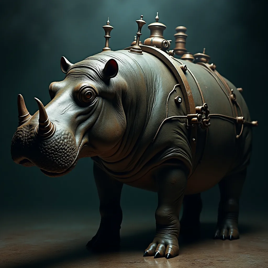 Prompt: Steam powered Anthro hippopotamus, (intricate details), (mechanical elements), dark color scheme, aged metal textures, eerie ambiance, Victorian design influences, haunting atmosphere, dramatic lighting, smoky background, high contrast shadows, ultra-detailed, masterful craftsmanship, surreal elements blended with industrial aesthetics, dark and whimsical.