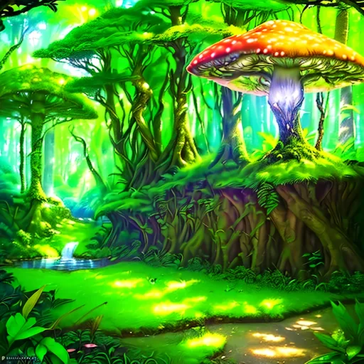 Prompt: (photorealistic style), lush Hyrule, vibrant warm colors, enchanting atmosphere, sunlight filtering through dense foliage, soft glowing mushrooms, serene winding path, magical fauna, mystical creatures peeking from behind trees, deep green foliage with golden highlights, ultra-detailed, immersive landscape, tranquil ambiance, adventurous spirit, ideal for storytelling backgrounds.