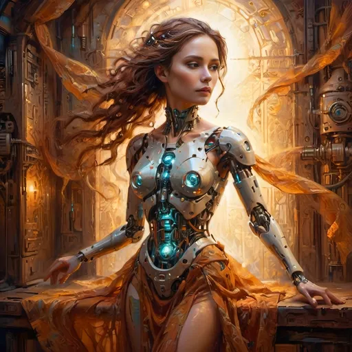 Prompt: (Robotic Cybernetic Woman), fantasy style, ethereal gossamer dress, (dramatic lighting), warm color scheme, (radiant light) illuminating silhouette, soft glow effect, enchanting ambiance, intricate mechanical details, serene expression, flowing fabric textures, surreal background, high depth, 4K quality, captivating atmosphere, cinematic and otherworldly vibes.