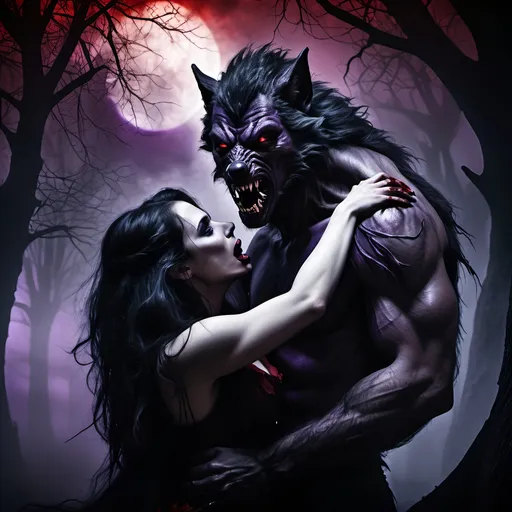 Prompt: (fantasy theme), breathtaking scene of an werewolf  biting a vampire, deep shades of black, purple, and blood red creating an eerie atmosphere, dramatic lighting casting shadows, gothic background featuring twisted trees and fog, emotion of longing and darkness, (intricate details) capturing tension and passion, (highly detailed, HD) crafted for a cinematic effect.