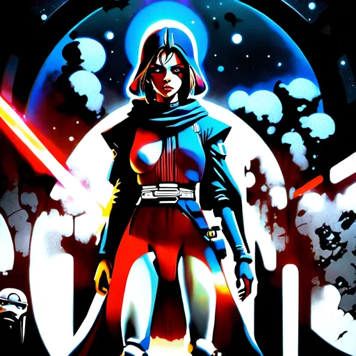 Prompt: anime style, (dark color scheme), outlaw characters from Star Wars, unique poses, rebellious vibes, high-contrast shadows, moody atmosphere, intricate details in character design, dynamic expressions, depth in lighting, (vibrant highlights), ultra-detailed artwork, dramatic ambiance, sci-fi elements, thematic background reflecting a galactic setting.