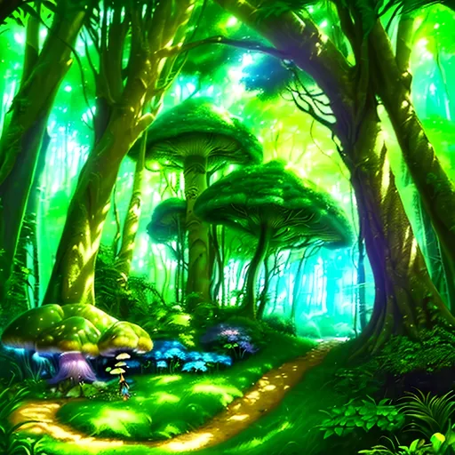 Prompt: (photorealistic style), lush Hyrule, vibrant warm colors, enchanting atmosphere, sunlight filtering through dense foliage, soft glowing mushrooms, serene winding path, magical fauna, mystical creatures peeking from behind trees, deep green foliage with golden highlights, ultra-detailed, immersive landscape, tranquil ambiance, adventurous spirit, ideal for storytelling backgrounds.