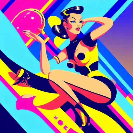 Prompt: futuristic-retro futurism style, (1940s pin-up women), vibrant warm color scheme, soft luminous lighting, nostalgic ambiance, elegant poses with playful expressions, vintage accessories, stylish hairdos, dreamy background blending futuristic elements with retro design, high detail and sharp focus, cinematic depth, the celebration of beauty throughout eras.