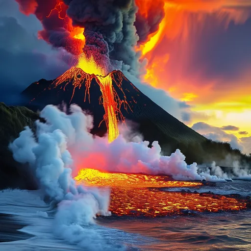 Prompt: photorealistic, (vibrant colors), molten lava, flowing from a volcano, meeting the ocean, spectacular collision, illuminating dark surroundings, steam rising, sunset sky with colorful hues, natural beauty, dynamic contrast, highly detailed textures, dramatic lighting, vivid reflections on water, high quality, ultra-detailed, stunning scenery.