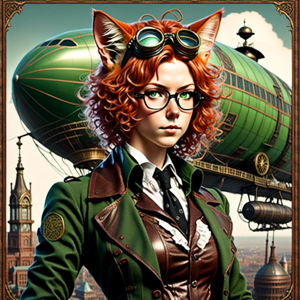 Prompt: <mymodel>Full body view of Rugged Man with human face with goggles and cat ears, Dirigible Advertisement, matching cat ears to hair color, extremely detailed, intricate clothing, high quality lithograph, intricate, historical, detailed hair, detailed Blimp in background, artstyle-steampunk, detailed eyes, atmospheric lighting, vintage