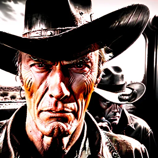 Prompt: photorealistic, (film noir) style, warm color scheme, (Clint Eastwood) as Jonna Hex, (half-smiling expression), (Jimmy Stewart) as the cowboy showdown opponent, dramatic gunfight at high noon, vintage Wild West town setting, gritty textures, dusty atmosphere, train on the horizon, intense tension, ultra-detailed, cinematic depth, moody lighting, capturing the essence of classic Westerns.