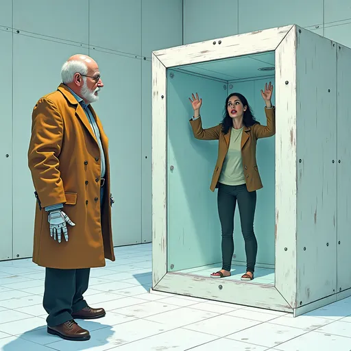 Prompt: (futuristic sci-fi style), scientists lab an old man in a corduroy coat and a single cybernetic finger, (standing in front of a giant open faced wooden box),  a woman in street clothes trapped inside Inside, The walls are a bright white material, a dully reflective metal or plastic. Panels high up in the corners appear to have small speakers or vents, her arms held up with hands pressed a glass front , her face locked in rictus of fear), (frozen in place yet looking perfect), (cool color scheme), (highly detailed), (dynamic contrast between figures), (tense atmosphere), (illustrative techniques).