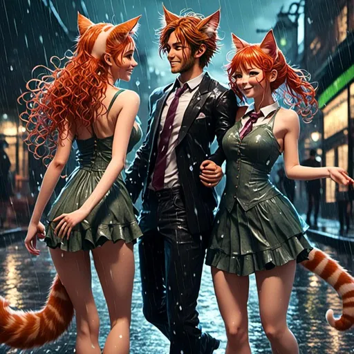 Prompt: <mymodel>Highly Detailed, 4 couples dancing in the rain, detailed skin texture, cat ears matching hair color, detailed eyes, professional, highres