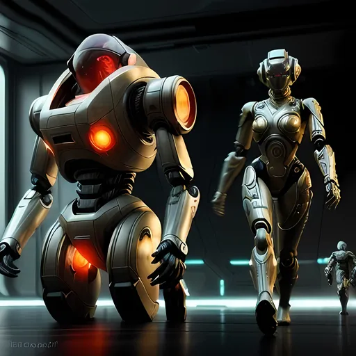 Prompt: photorealistic, (futuristic-sci-fi style), (warm color scheme),robots in love,  (highly detailed), intense action, vibrant lighting, immersive sci-fi ambiance, dramatic shadows, intricate mechanical features, metallic textures, highly defined characters in combat, cinematic composition, 4K quality, fast-paced tension.